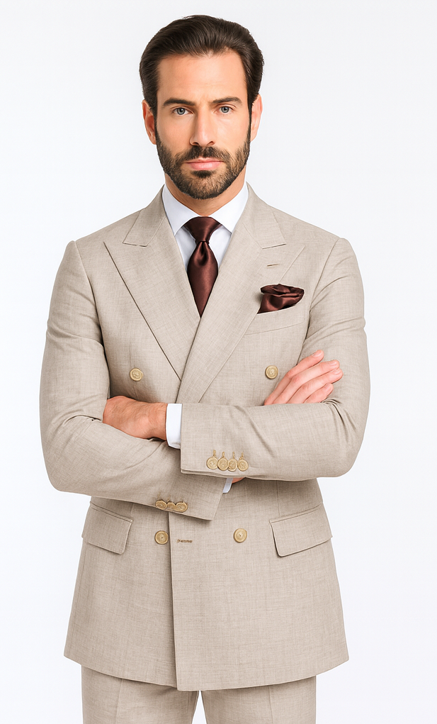 Rossiman Men’s Light Brown Wool Suit – Classic Fit with Baggy Pleated Wide-Leg Trousers