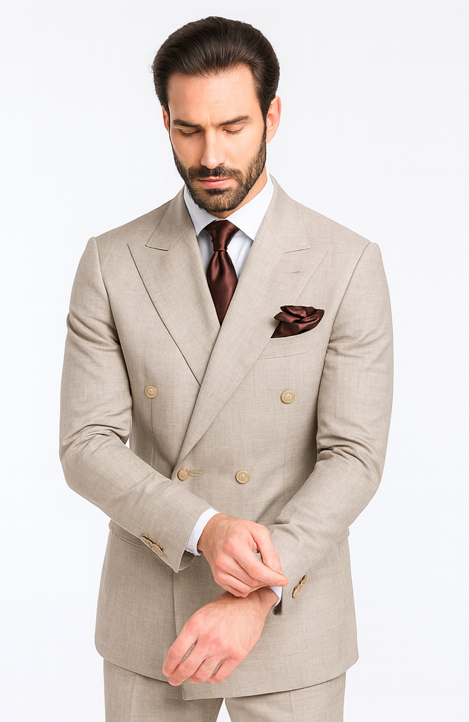 Rossiman Men’s Light Brown Wool Suit – Classic Fit with Baggy Pleated Wide-Leg Trousers