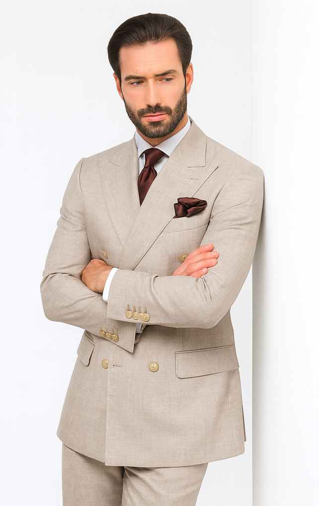 Rossiman Men’s Light Brown Wool Suit – Classic Fit with Baggy Pleated Wide-Leg Trousers