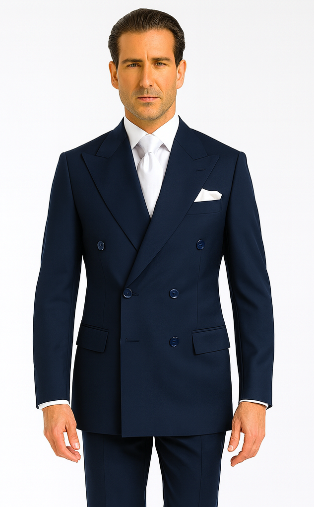 Rossiman Men’s Navy Wool Suit – Classic Fit with Baggy Pleated Wide-Leg Trousers