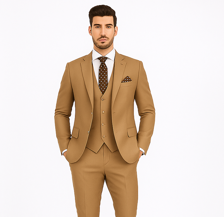 Rossiman Men’s Tan Suit | Gold Buttons & Double-Breasted Vest Elegance – Italian Tailored Luxury Suit for Men