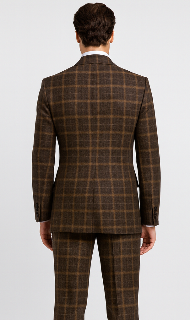 Rossiman Men’s Brown Windowpane Plaid Double-Breasted Wool Suit – Classic Formalwear