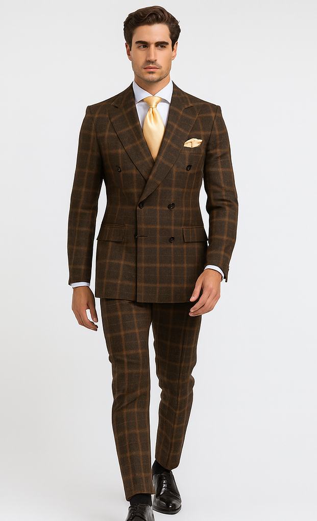 Rossiman Men’s Brown Windowpane Plaid Double-Breasted Wool Suit – Classic Formalwear