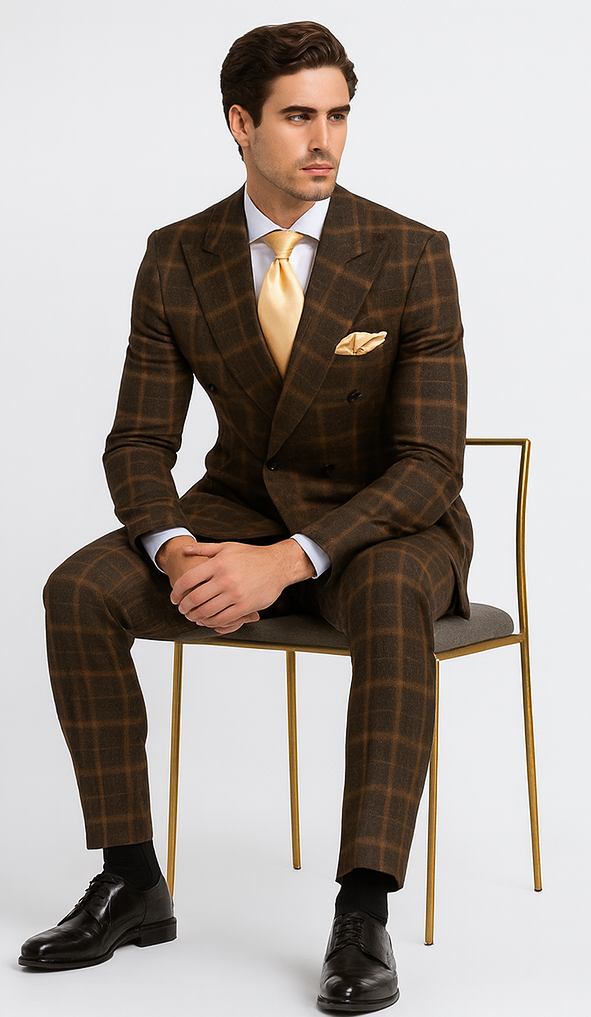 Rossiman Men’s Brown Windowpane Plaid Double-Breasted Wool Suit – Classic Formalwear