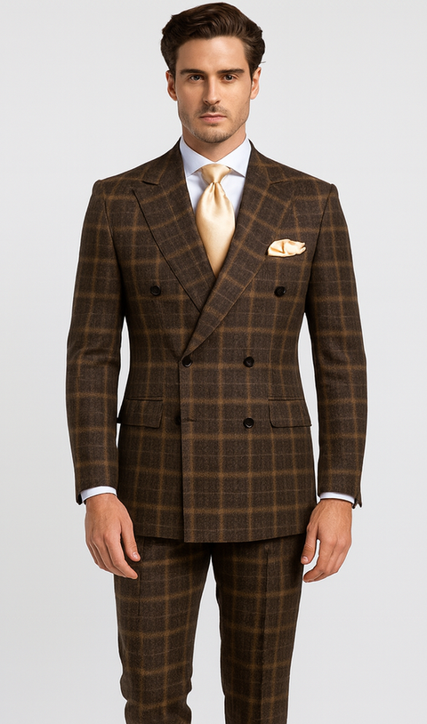 Rossiman Men’s Brown Windowpane Plaid Double-Breasted Wool Suit – Classic Formalwear