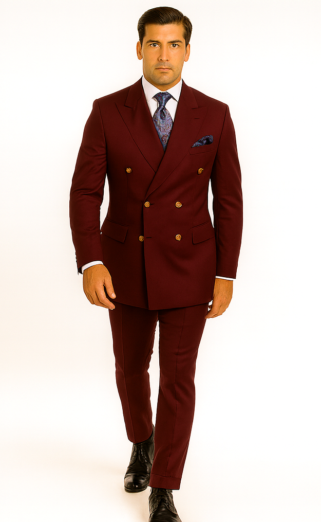 Rossiman Men’s Burgundy Slim Fit Double-Breasted Suit – Modern Two-Piece Formalwear