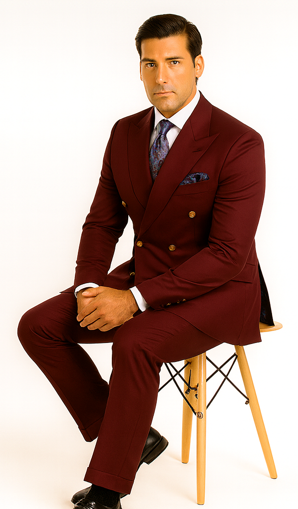 Rossiman Men’s Burgundy Slim Fit Double-Breasted Suit – Modern Two-Piece Formalwear