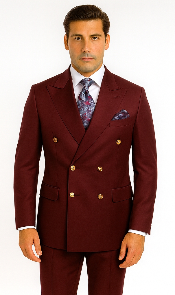 Rossiman Men’s Burgundy Slim Fit Double-Breasted Suit – Modern Two-Piece Formalwear