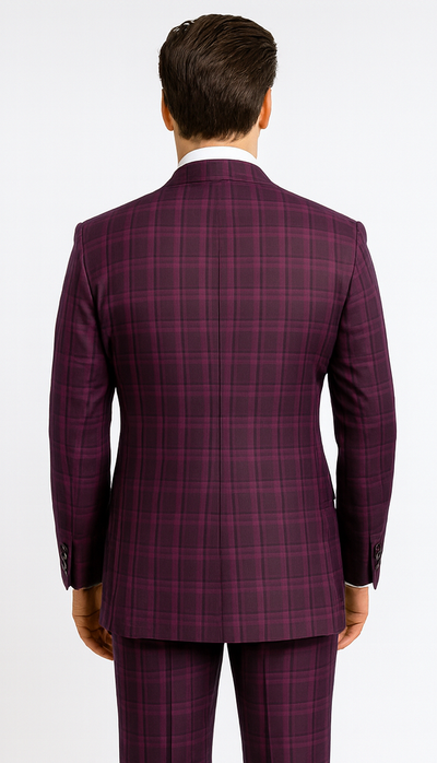 Rossiman Men’s Burgundy Windowpane Plaid Double-Breasted Suit