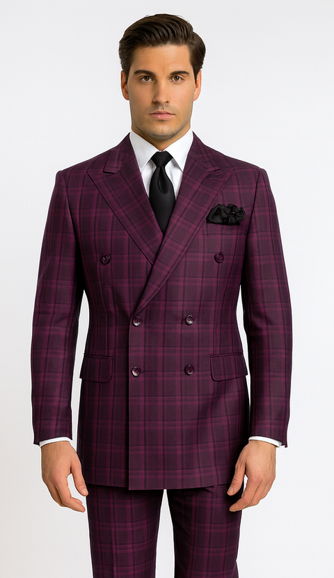 Rossiman Men’s Burgundy Windowpane Plaid Double-Breasted Suit