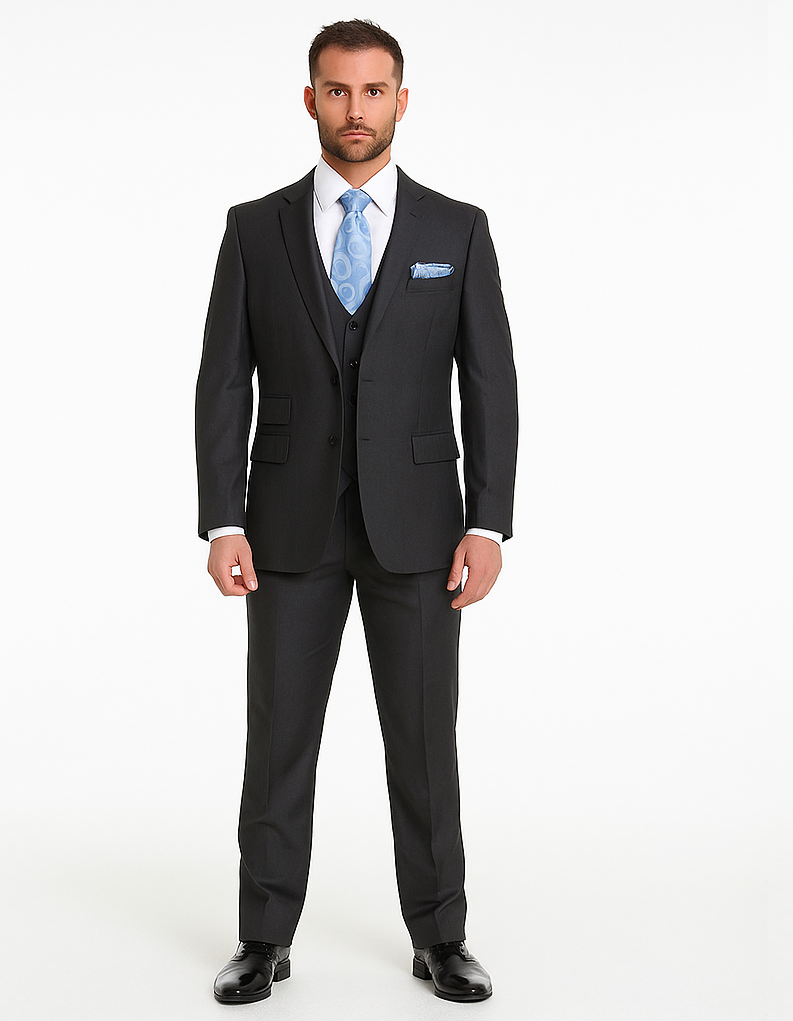 Rossiman Men’s Dark Gray Slim Fit Suit | 3-Piece Vested Set with Flat Front Pants – Italian Tailored Modern Elegance