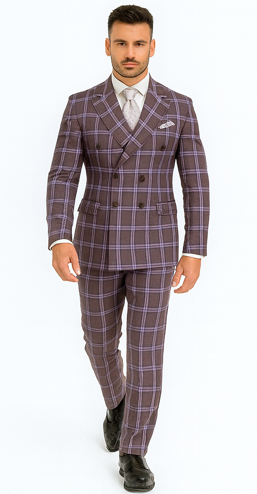 Rossiman Men’s Gray & Lavender Plaid Double-Breasted Suit