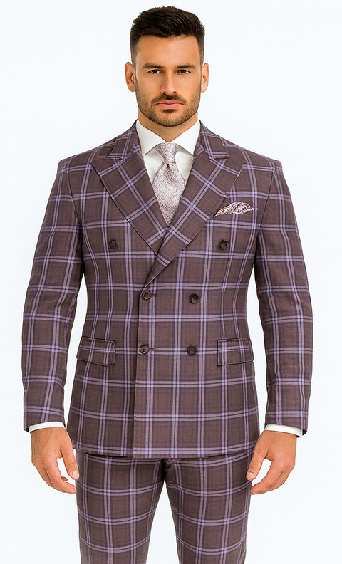Rossiman Men’s Gray & Lavender Plaid Double-Breasted Suit
