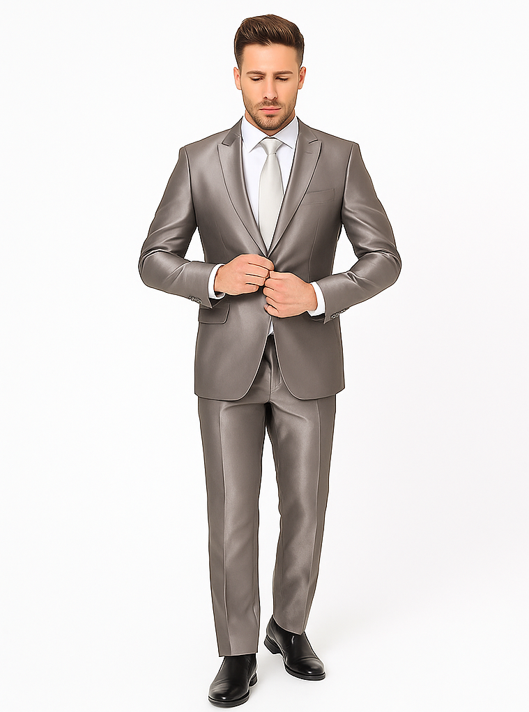 Rossiman Men’s Gray Shiny Sateen Suit | Sleek & Modern Formalwear – Italian Tailored Double-Breasted Luxury Suit