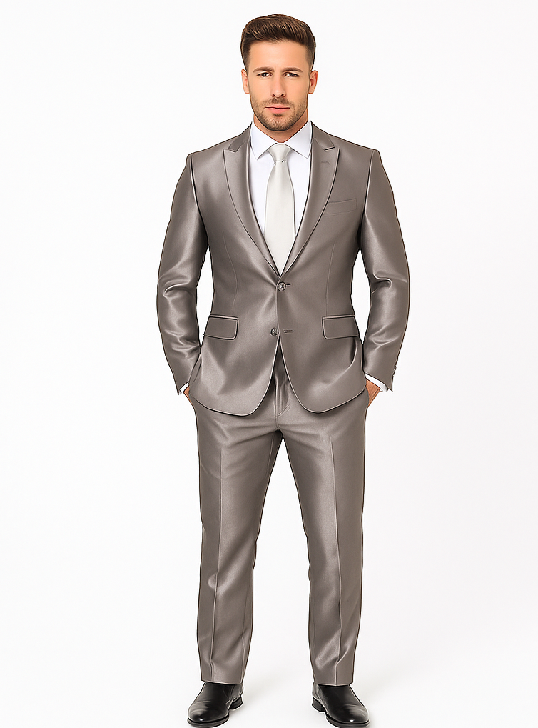 Rossiman Men’s Gray Shiny Sateen Suit | Sleek & Modern Formalwear – Italian Tailored Double-Breasted Luxury Suit
