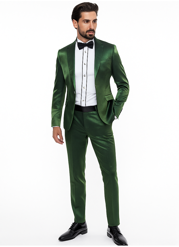 Rossiman Men’s Green Sateen Suit | Glossy Finish with Modern Flair – Italian Tailored Double-Breasted Luxury Suit