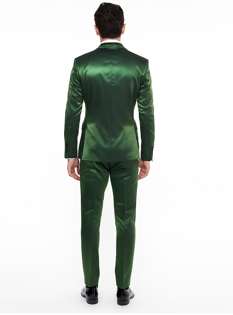 Rossiman Men’s Green Sateen Suit | Glossy Finish with Modern Flair – Italian Tailored Double-Breasted Luxury Suit