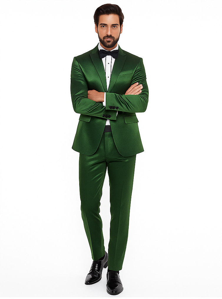 Rossiman Men’s Green Sateen Suit | Glossy Finish with Modern Flair – Italian Tailored Double-Breasted Luxury Suit