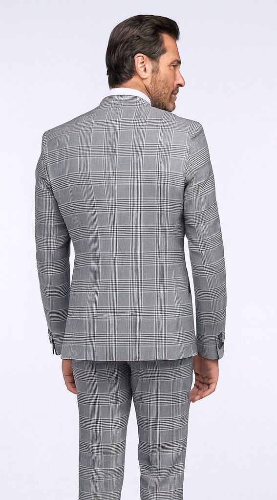 Rossiman Men’s Grey Prince of Wales Check Suit – Glen Plaid Double-Breasted Two-Piece
