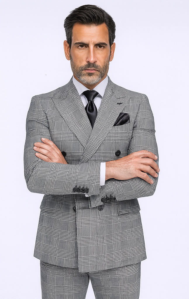 Rossiman Men’s Grey Prince of Wales Check Suit – Glen Plaid Double-Breasted Two-Piece