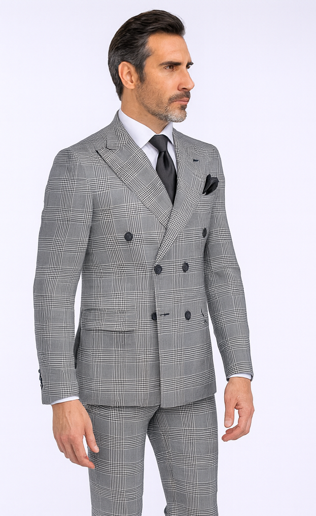 Rossiman Men’s Grey Prince of Wales Check Suit – Glen Plaid Double-Breasted Two-Piece