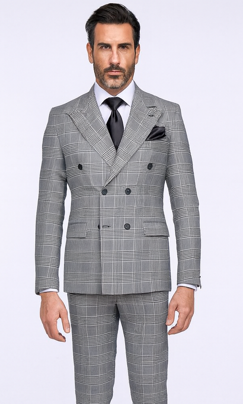 Rossiman Men’s Grey Prince of Wales Check Suit – Glen Plaid Double-Breasted Two-Piece