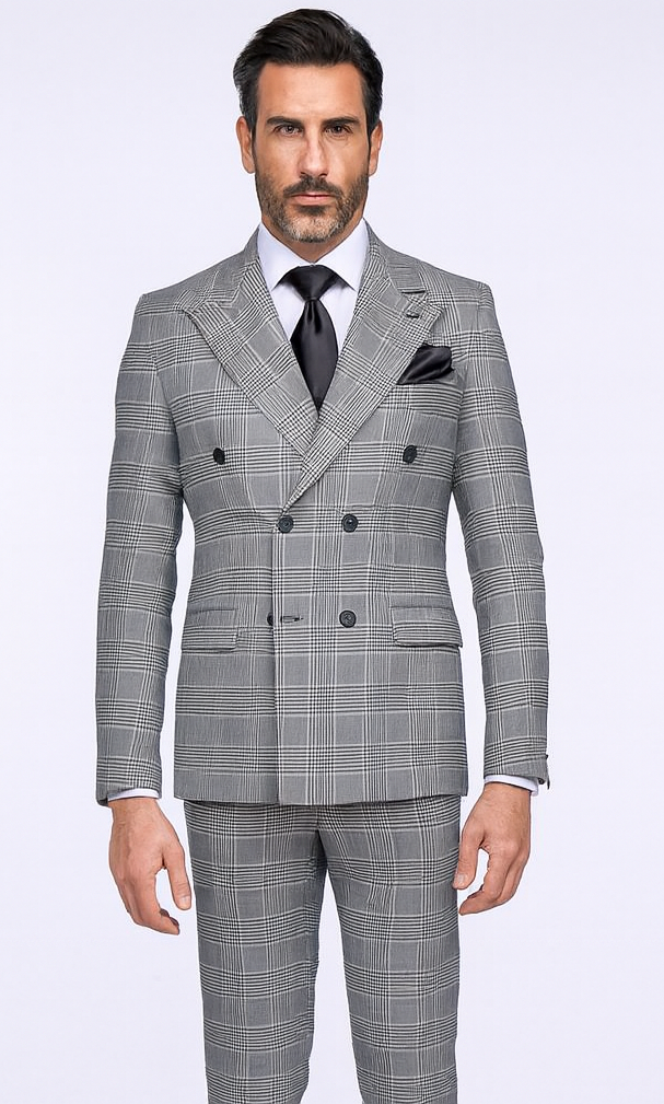 Rossiman Men’s Grey Prince of Wales Check Suit – Glen Plaid Double-Breasted Two-Piece