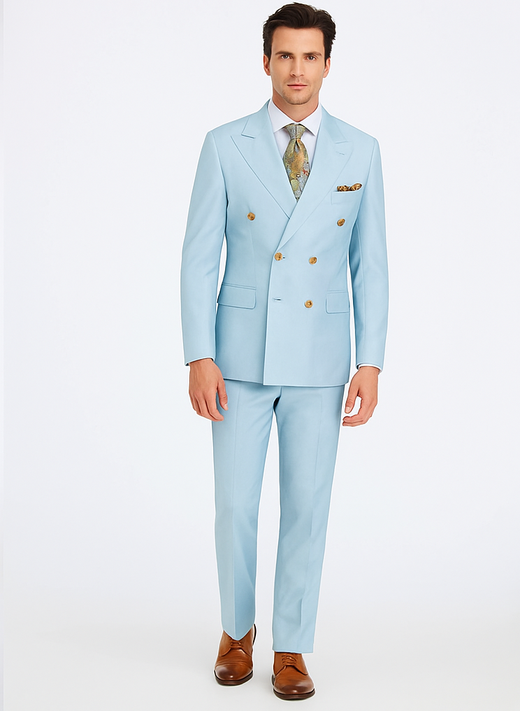 Rossiman Men’s Light Blue Slim Fit Suit | Elegant Double-Breasted Design – Italian Tailored 3-Piece Luxury Suit