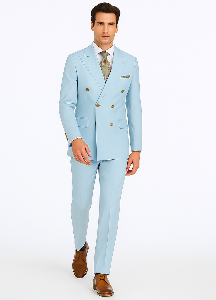Rossiman Men’s Light Blue Slim Fit Suit | Elegant Double-Breasted Design – Italian Tailored 3-Piece Luxury Suit