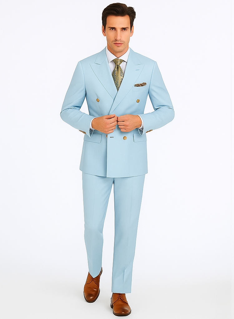Rossiman Men’s Light Blue Slim Fit Suit | Elegant Double-Breasted Design – Italian Tailored 3-Piece Luxury Suit