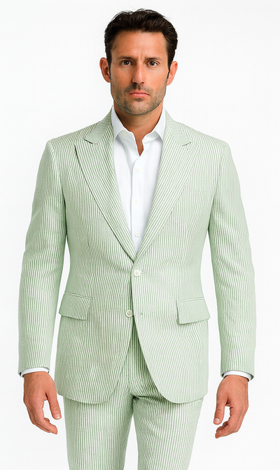 Rossiman Men’s Light Green Seersucker Suit – Peak Lapel Summer Formalwear