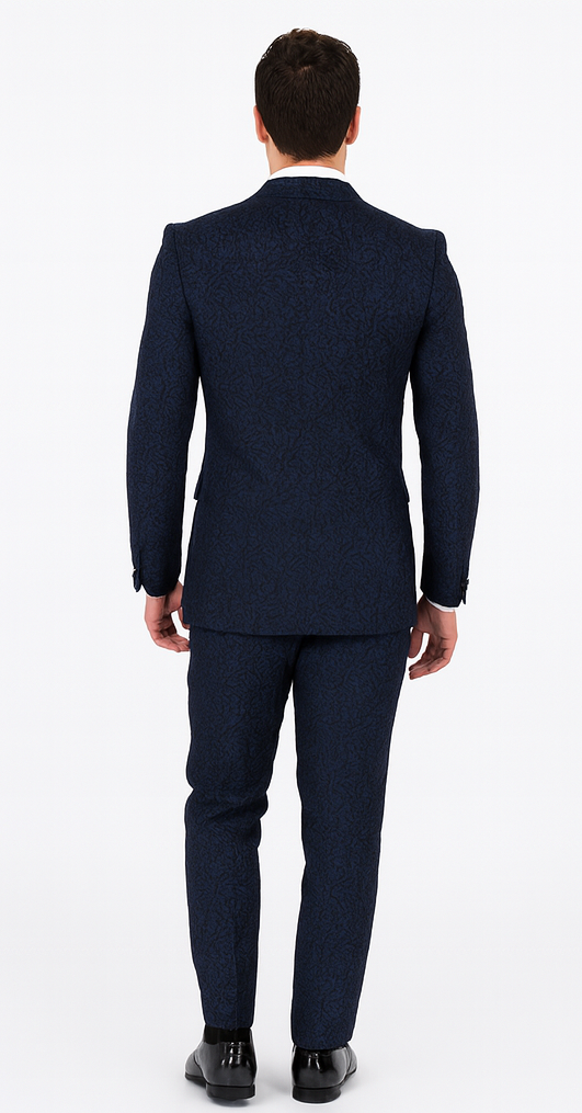 Rossiman Men’s Navy Blue Seersucker Suit – Peak Lapel Suit with Tone-on-Tone Shadow Stripe