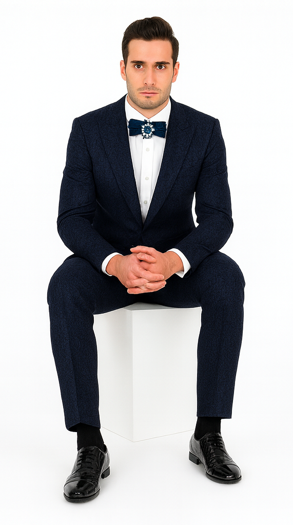 Rossiman Men’s Navy Blue Seersucker Suit – Peak Lapel Suit with Tone-on-Tone Shadow Stripe