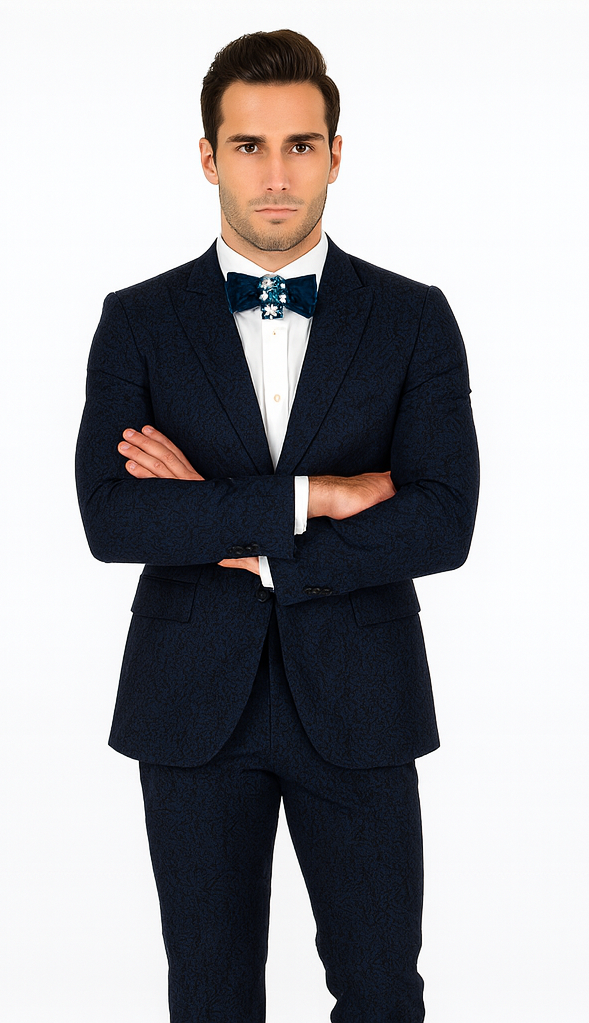 Rossiman Men’s Navy Blue Seersucker Suit – Peak Lapel Suit with Tone-on-Tone Shadow Stripe