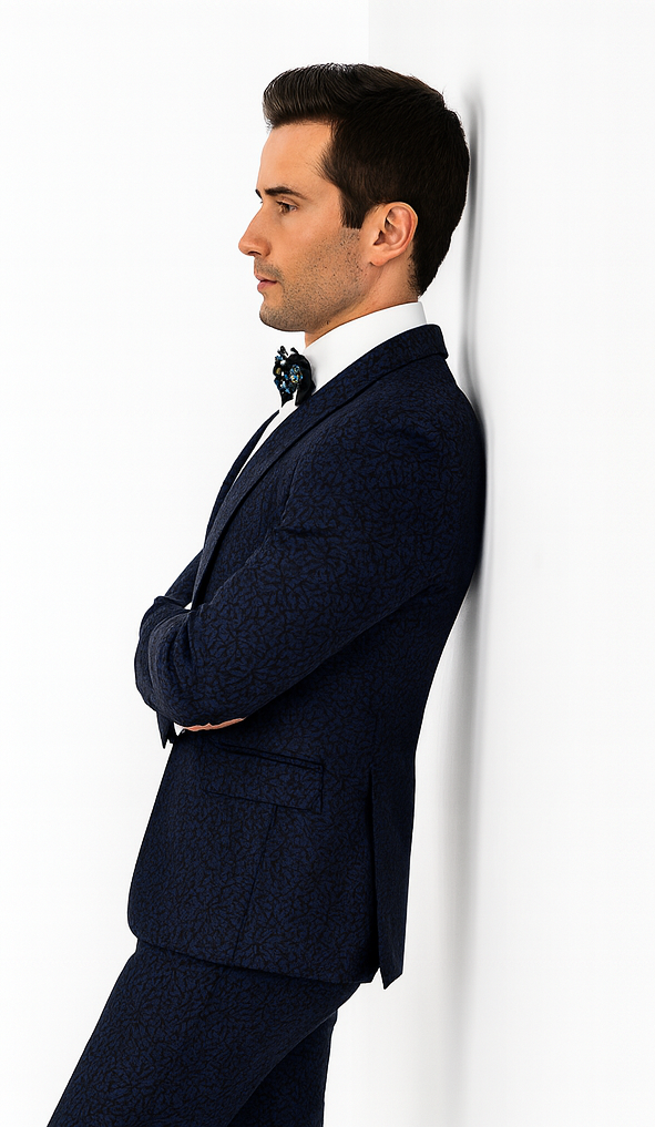 Rossiman Men’s Navy Blue Seersucker Suit – Peak Lapel Suit with Tone-on-Tone Shadow Stripe