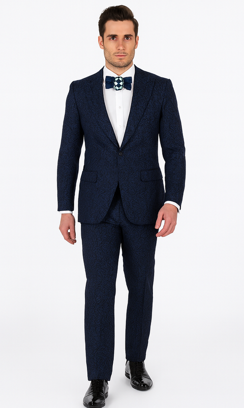 Rossiman Men’s Navy Blue Seersucker Suit – Peak Lapel Suit with Tone-on-Tone Shadow Stripe