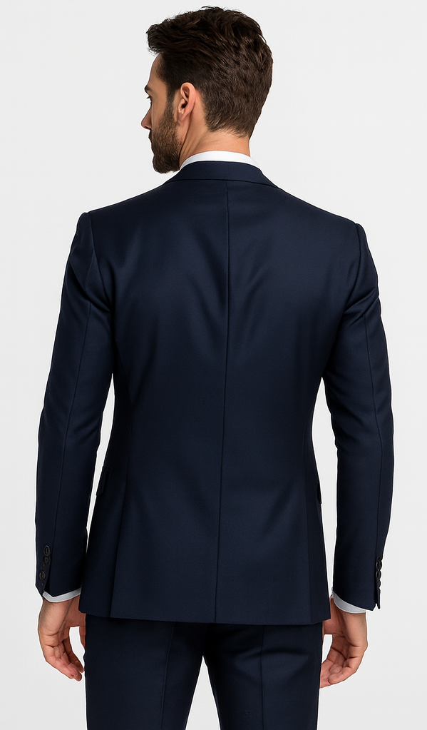 Rossiman Men’s Navy Blue Suit – Classic 1-Button Peak Lapel Jacket with Double-Breasted Vest