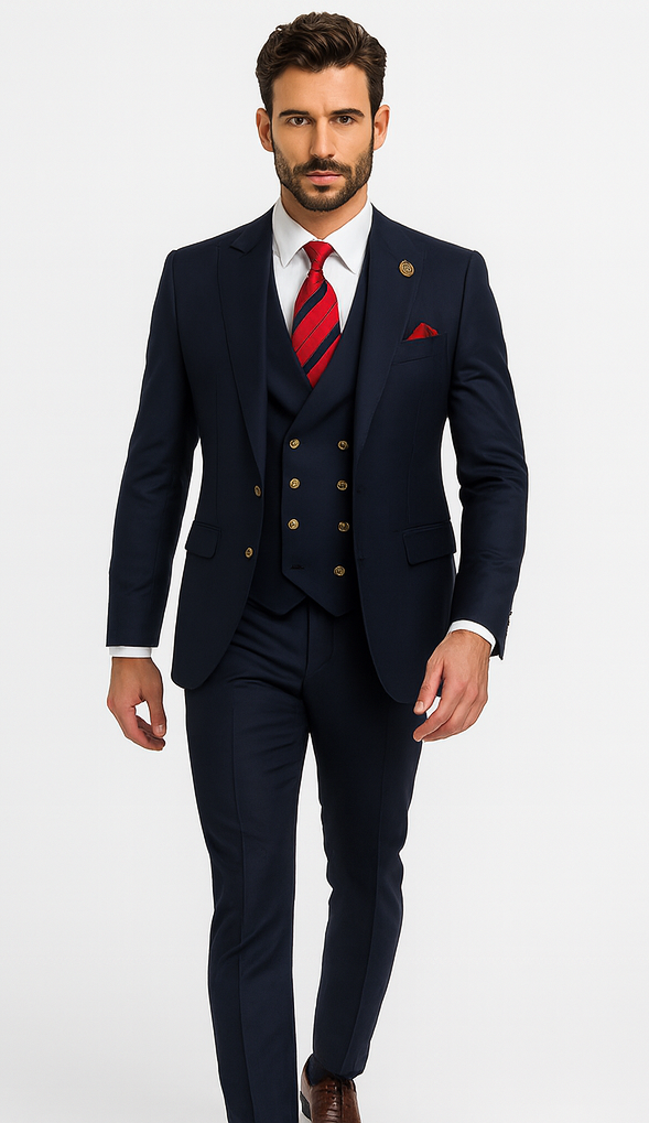 Rossiman Men’s Navy Blue Suit – Classic 1-Button Peak Lapel Jacket with Double-Breasted Vest