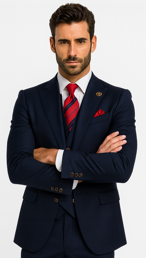 Rossiman Men’s Navy Blue Suit – Classic 1-Button Peak Lapel Jacket with Double-Breasted Vest