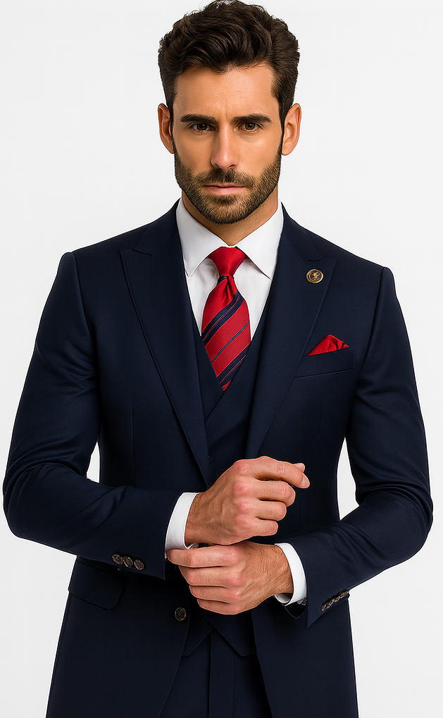 Rossiman Men’s Navy Blue Suit – Classic 1-Button Peak Lapel Jacket with Double-Breasted Vest