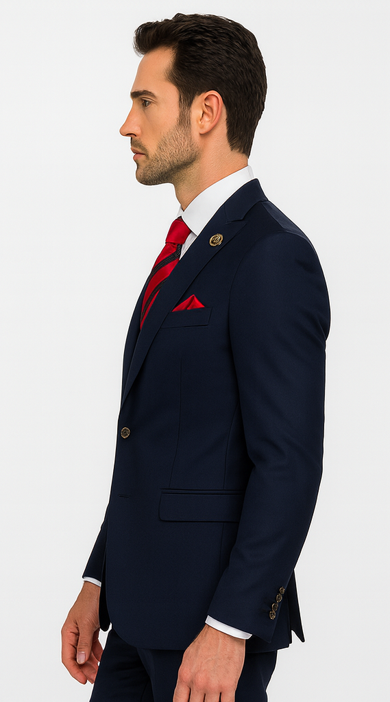 Rossiman Men’s Navy Blue Suit – Classic 1-Button Peak Lapel Jacket with Double-Breasted Vest