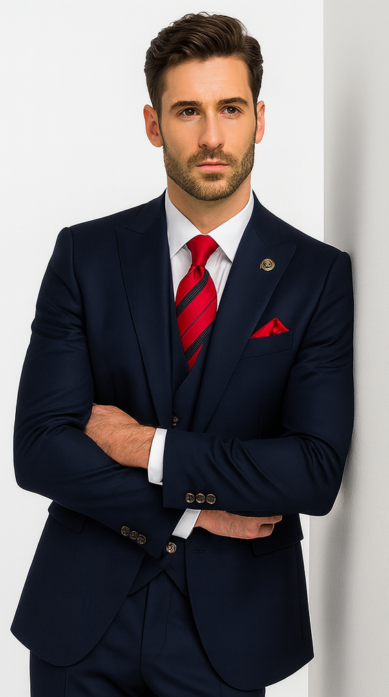 Rossiman Men’s Navy Blue Suit – Classic 1-Button Peak Lapel Jacket with Double-Breasted Vest