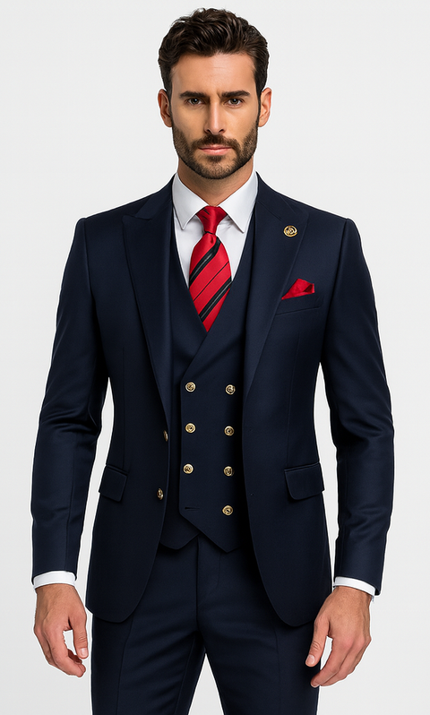Rossiman Men’s Navy Blue Suit – Classic 1-Button Peak Lapel Jacket with Double-Breasted Vest