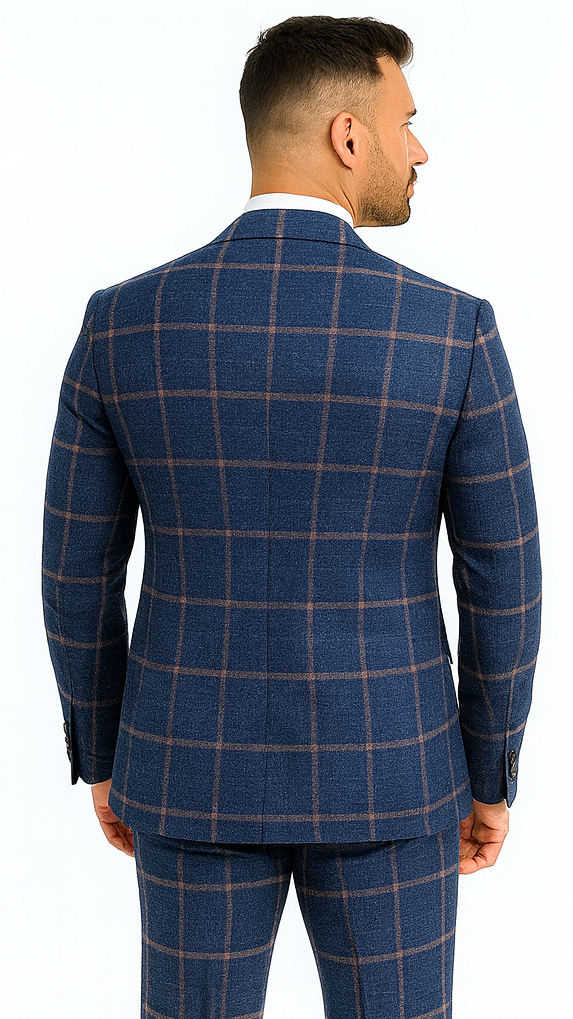 Rossiman Men’s Navy & Gray Plaid Double-Breasted Suit –  Two-Piece Formalwear