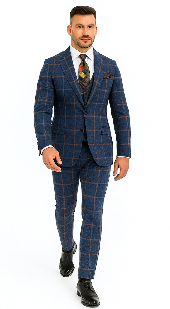 Rossiman Men’s Navy & Gray Plaid Double-Breasted Suit –  Two-Piece Formalwear