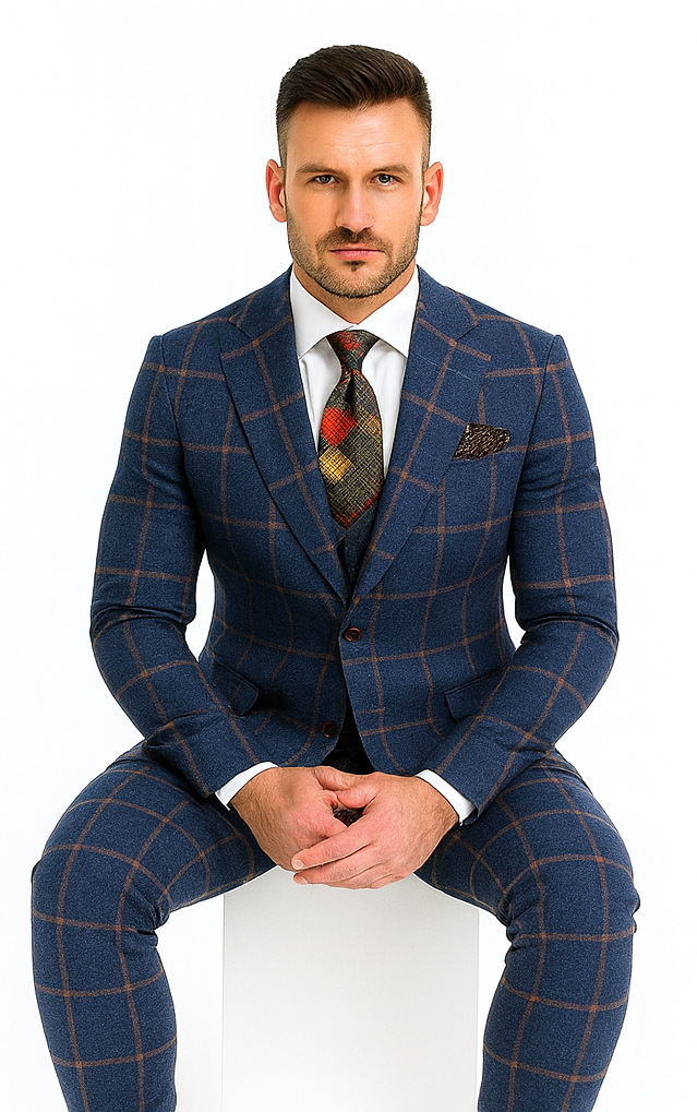 Rossiman Men’s Navy & Gray Plaid Double-Breasted Suit –  Two-Piece Formalwear