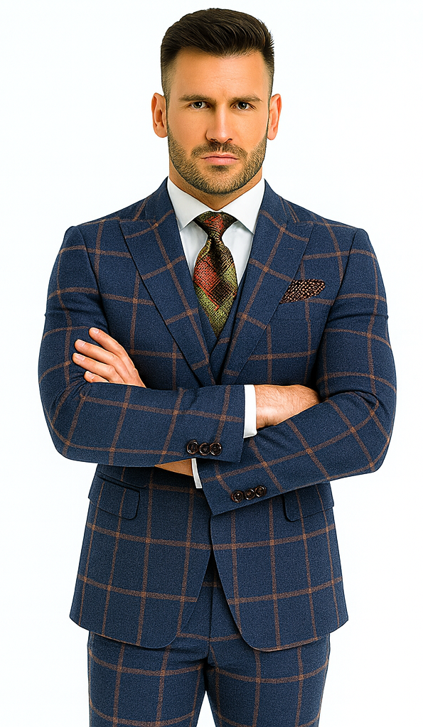 Rossiman Men’s Navy & Gray Plaid Double-Breasted Suit –  Two-Piece Formalwear