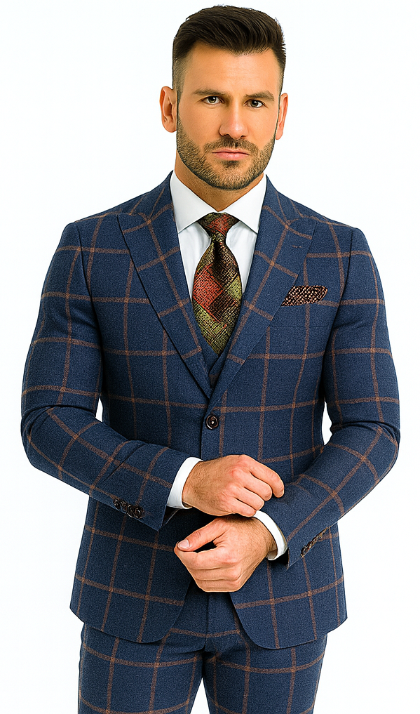 Rossiman Men’s Navy & Gray Plaid Double-Breasted Suit –  Two-Piece Formalwear