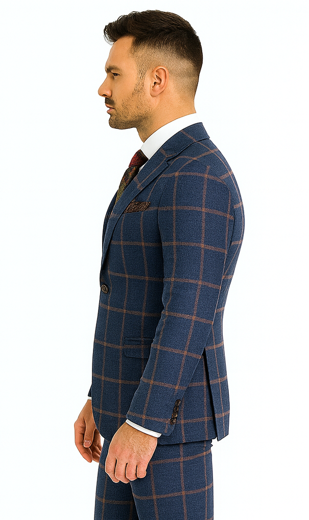 Rossiman Men’s Navy & Gray Plaid Double-Breasted Suit –  Two-Piece Formalwear