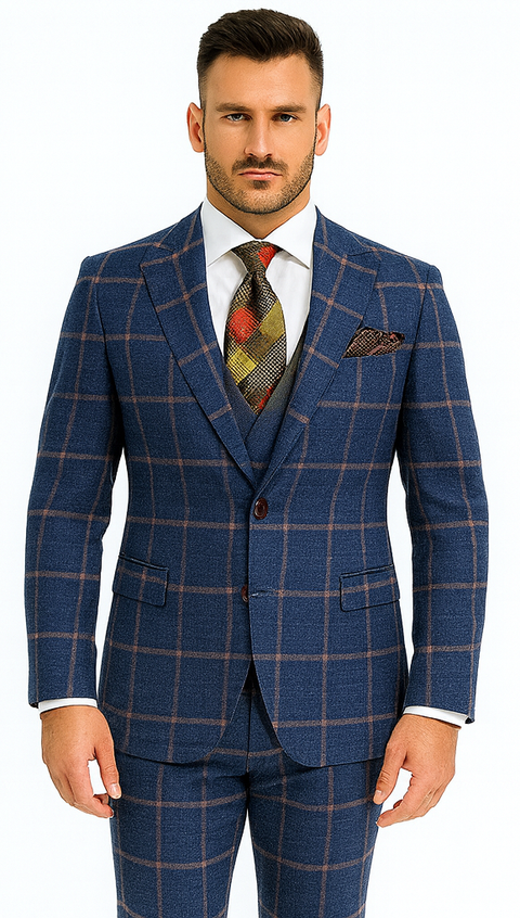 Rossiman Men’s Navy & Gray Plaid Double-Breasted Suit –  Two-Piece Formalwear
